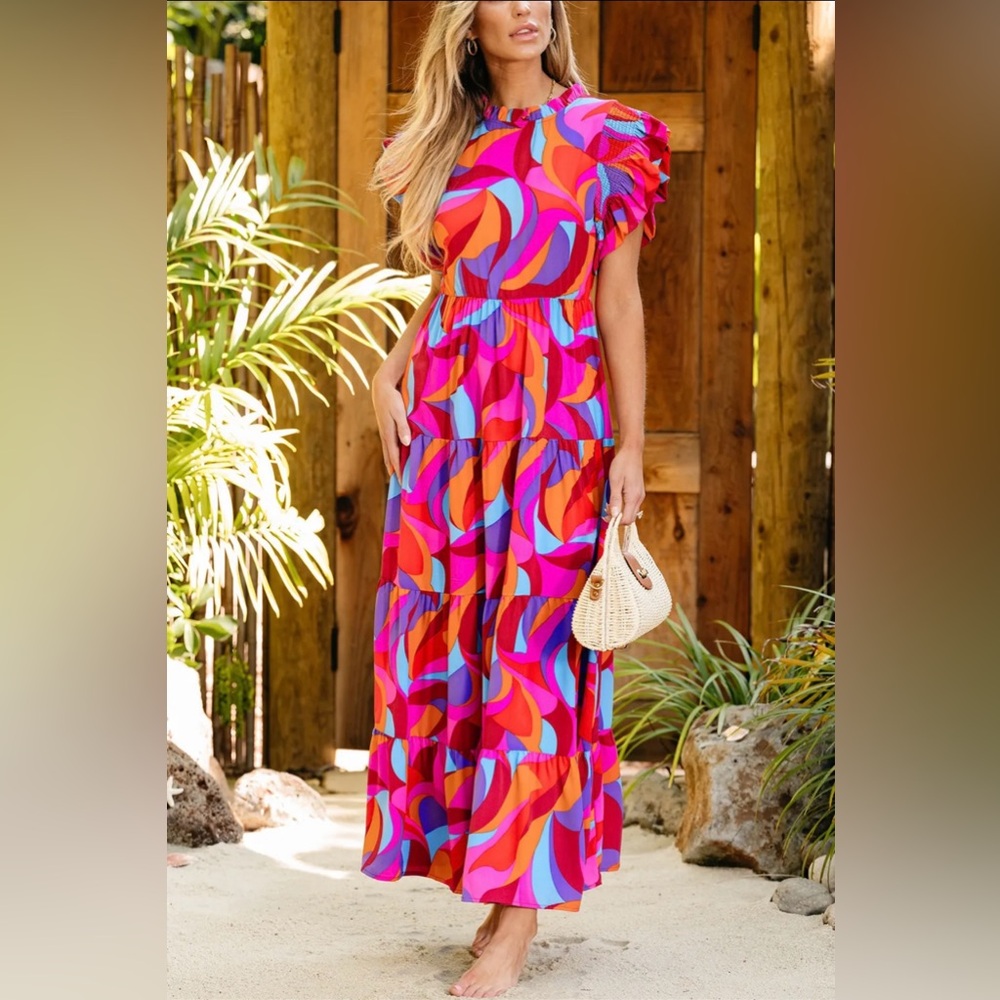 Abstract Print High Waist Ruffle Tiered Maxi Dress - Picture 2 of 8